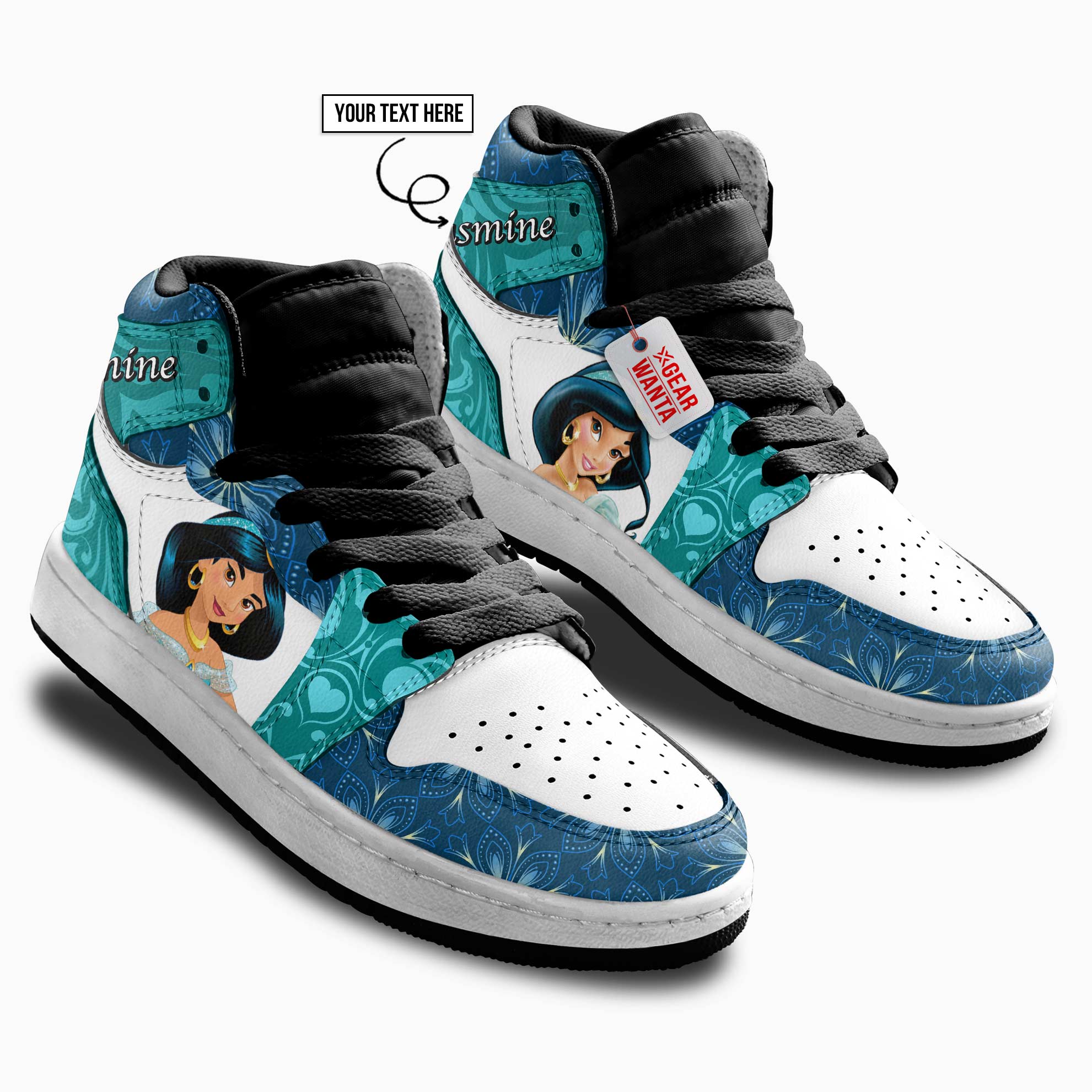 Princess Jasmine Kids High-Top Leather Sneakers Custom Name - Image 3